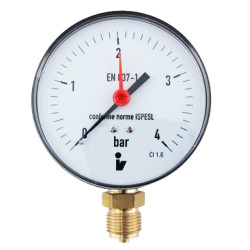 Manometer (tlakomer) d63mm 0-4 BAR SPODNÉ vývod 1/4" - voda, vzduch