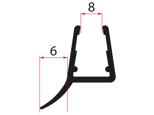 Spodné tesnenie na dvere, sklo 8mm, 1000mm, čierna