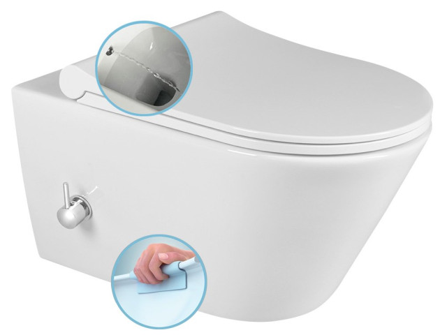 AVVA závesná WC misa Rimless, integrovaná batéria a bidet. spŕška, 35,5x53 cm, biela