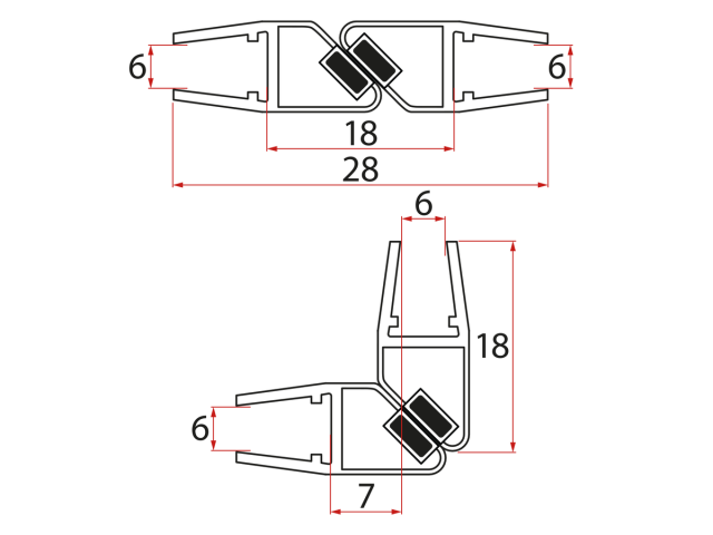 Set magnetických tesnení 45° pre sklo 6/6mm, 2000mm